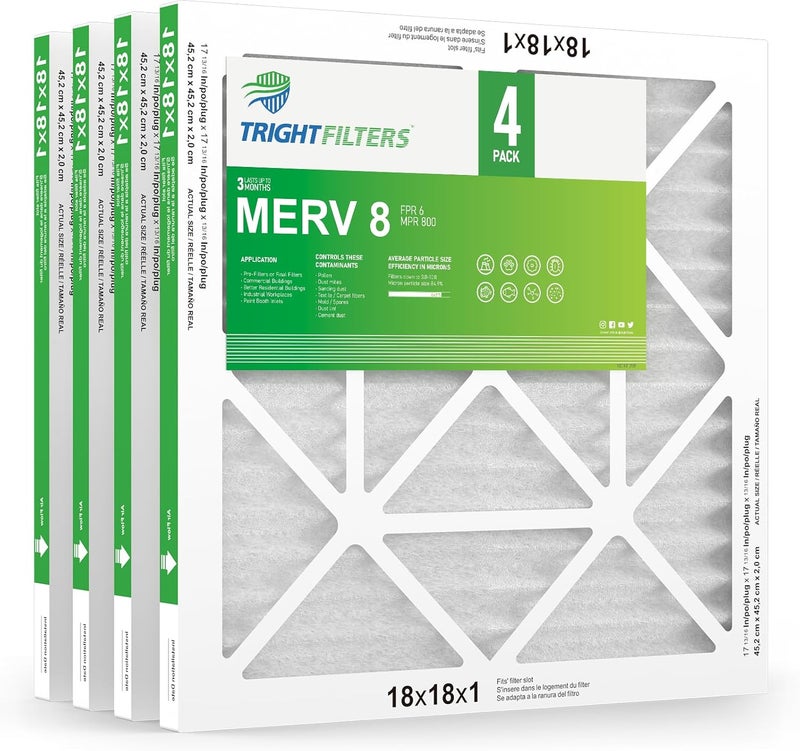 TRIGHTFILTERS فلتر هواء 18x18x1 عبوة 4، فلتر هواء مطوي MERV 8 بديل لمكيف الهواء HVAC فلتر فرن AC، متين وخفيف الوزن - Image 1